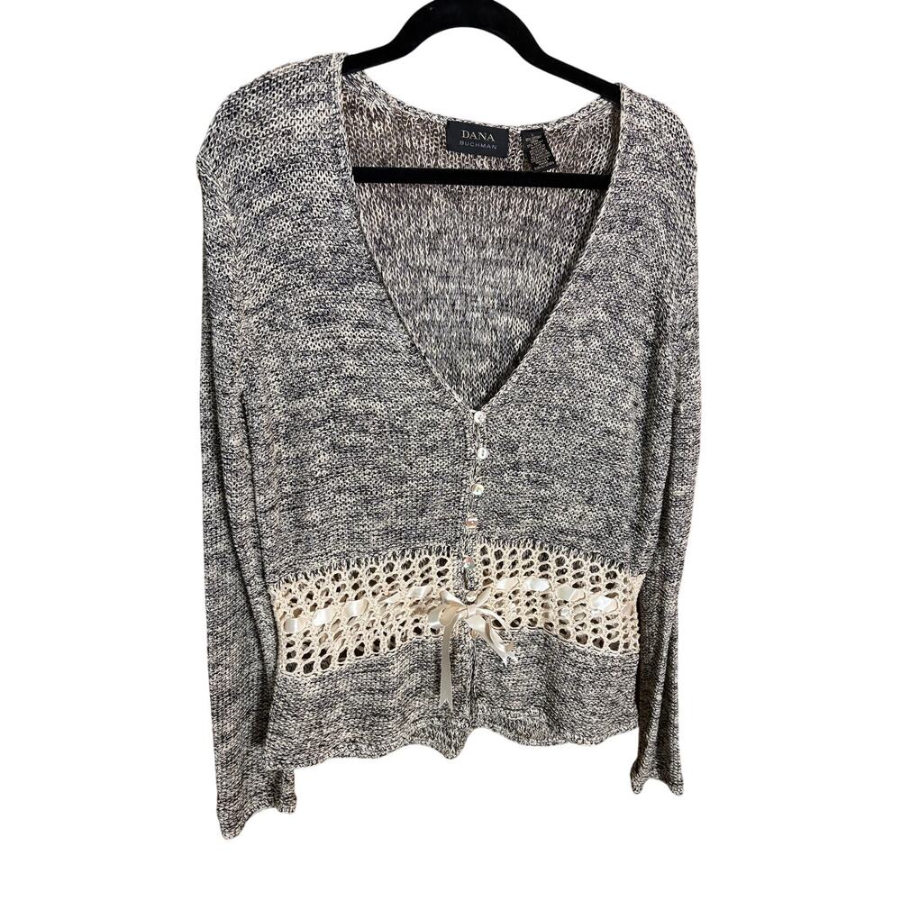 Dana Buchman Open Knit Cardigan Lace Ribbon Detail Boho Sweater Size Large